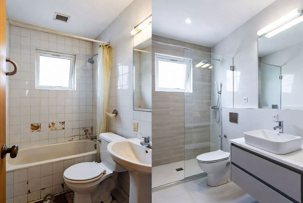 Before and after bathroom renovation Toronto - modern glass shower and vanity