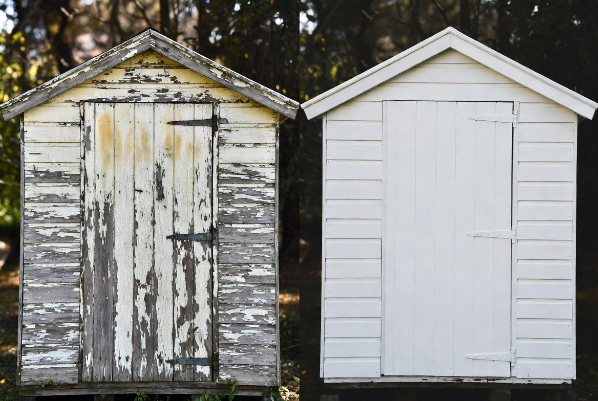Before and after outdoor shed refinishing and painting